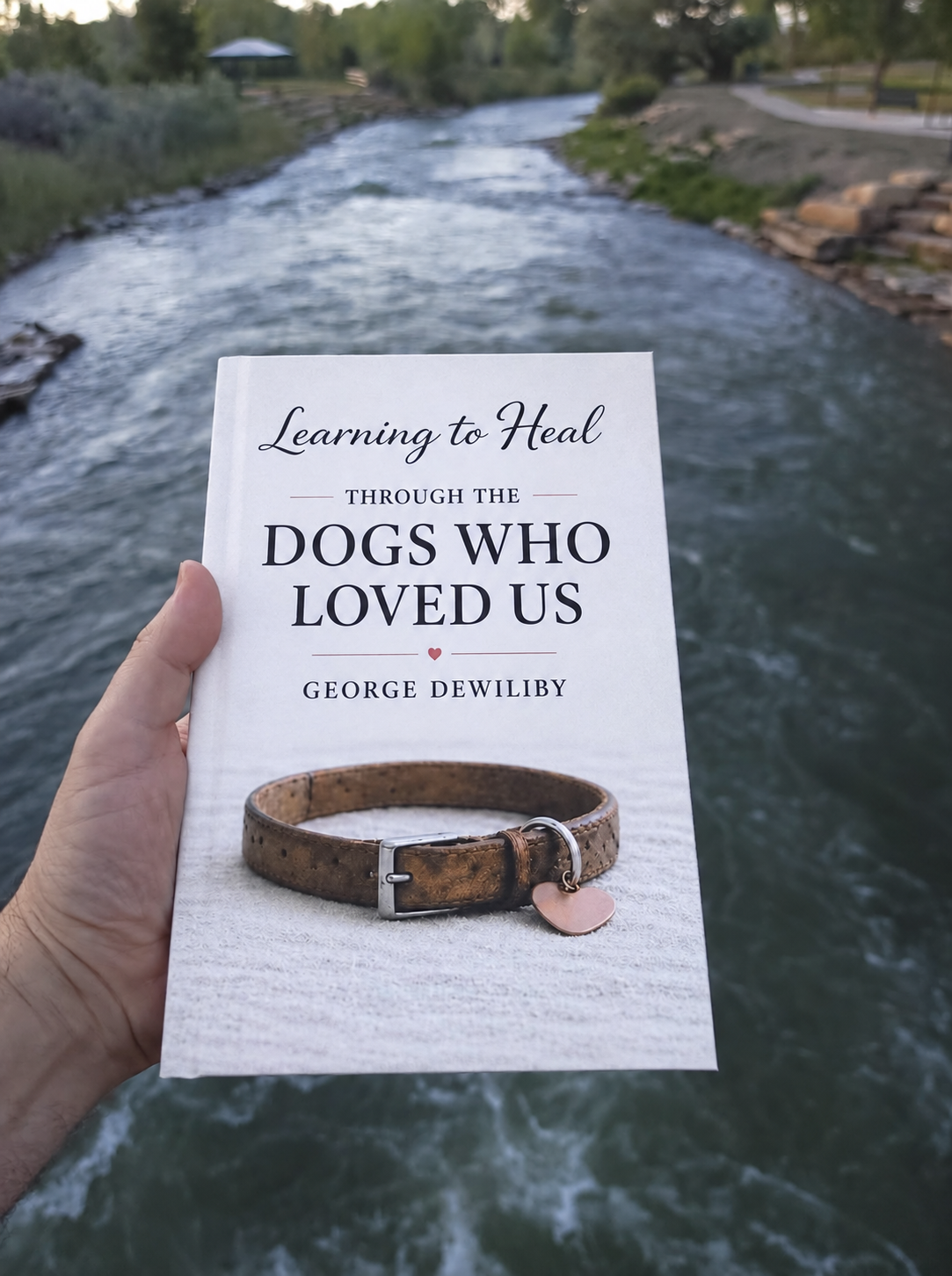 A copy of Learning to Heal Through the Dogs Who Loved Us held beside a flowing river